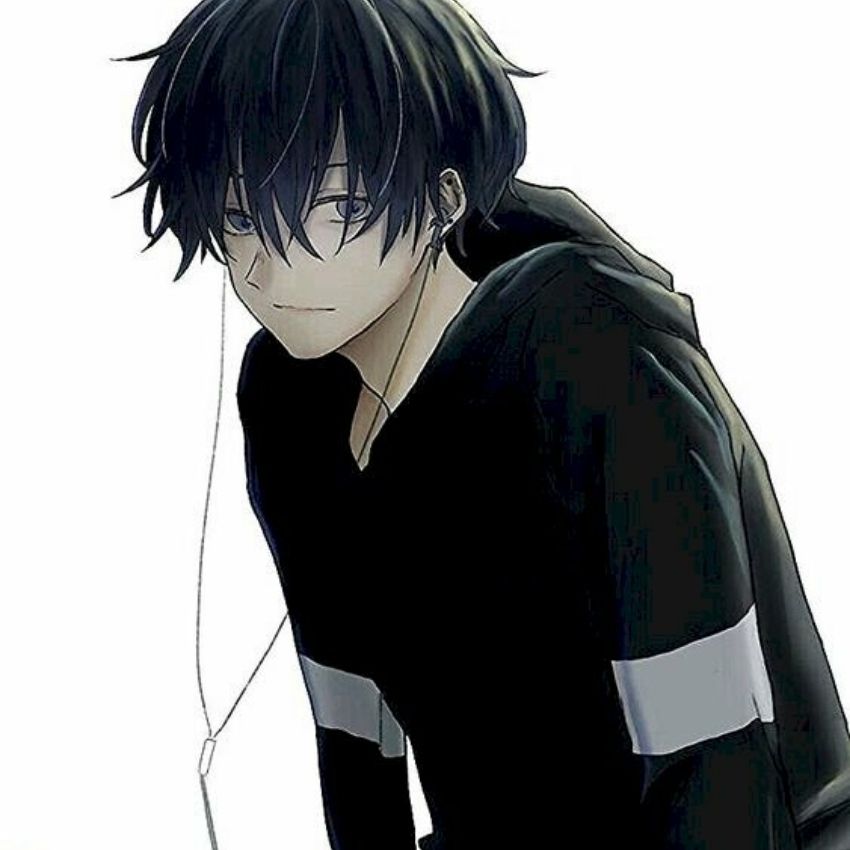 Anime boy listening to music, wearing a black hoodie, minimalist style. High-quality HD wallpaper, 1080x1920 resolution.