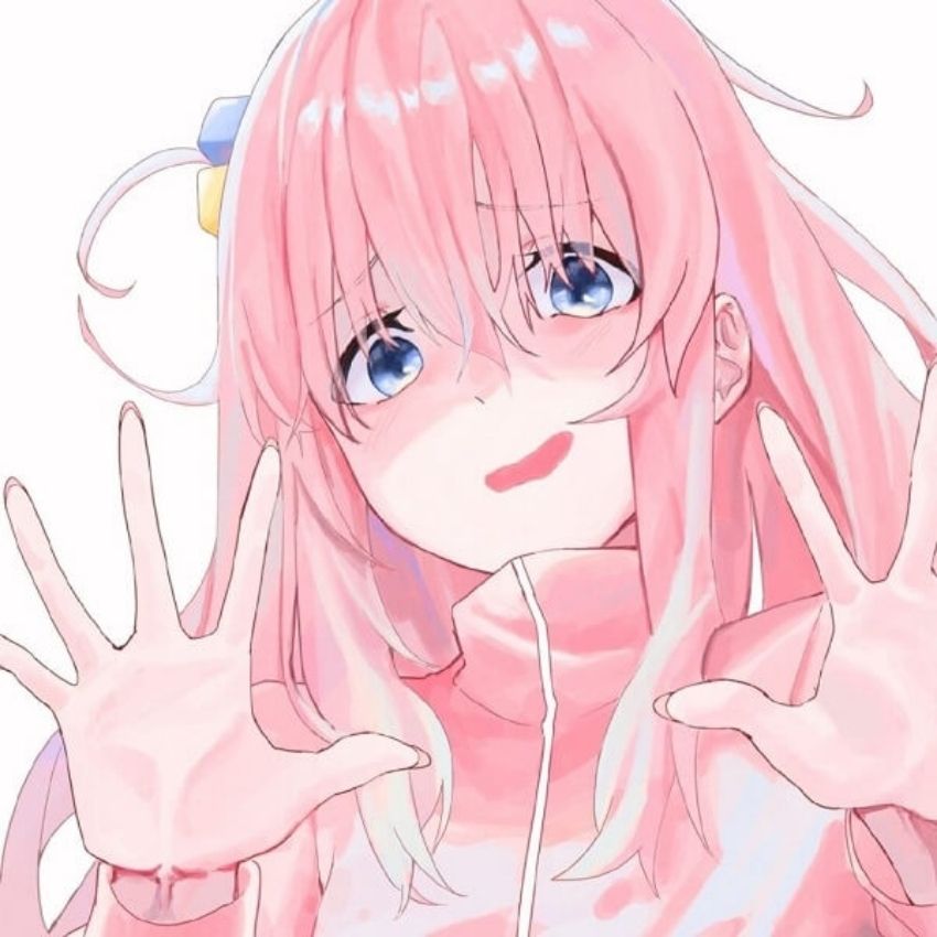 Anime girl với mái tóc hồng, biểu cảm vui tươi, nền trắng, độ phân giải 1080x1920, hình ảnh chất lượng HD.