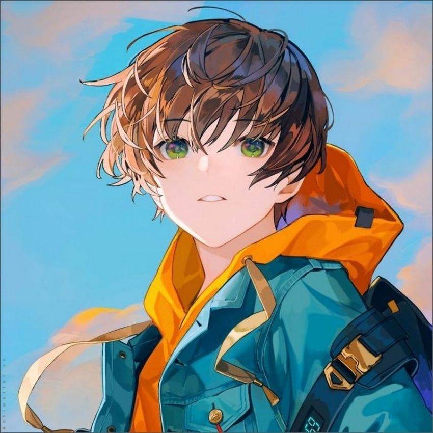 Hình nền anime chất lượng HD, nhân vật mặc áo khoác xanh và áo hoodie cam, bầu trời xanh, độ phân giải 1080x1920.
