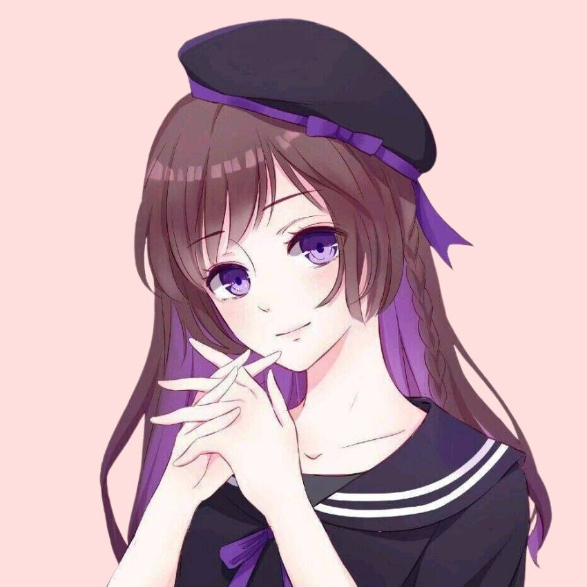 Hình nền anime cô gái tóc nâu, mắt tím, mũ beret, phong cách dễ thương, 1080x1920 HD.