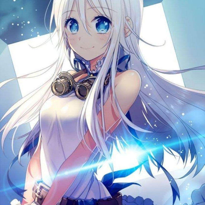 Anime girl with white hair and blue eyes in HD, vibrant and enchanting background, perfect for wallpaper. Resolution: 1080x1920.