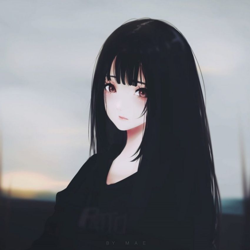 Hình nền anime cô gái tóc đen, phong cảnh mờ ảo, độ phân giải 768x768, chất lượng HD, nghệ thuật kỹ thuật số.
