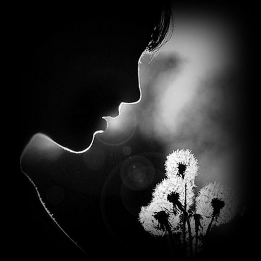 Silhouette người và hoa bồ công anh trong ánh sáng đen trắng, hình nền HD 1080x1920, tạo cảm giác huyền bí.