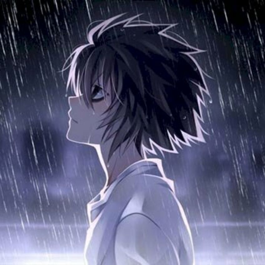 Hình nền anime trời mưa, nhân vật nam nhìn lên, chất lượng HD, độ phân giải 1080x1920, phong cách nghệ thuật.