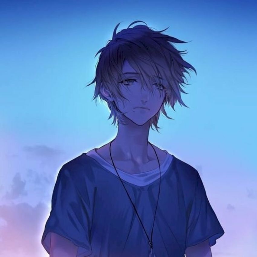 Hình nền anime buồn với bầu trời xanh mờ ảo, chất lượng HD, độ phân giải 1080x1920, tạo cảm giác tĩnh lặng.