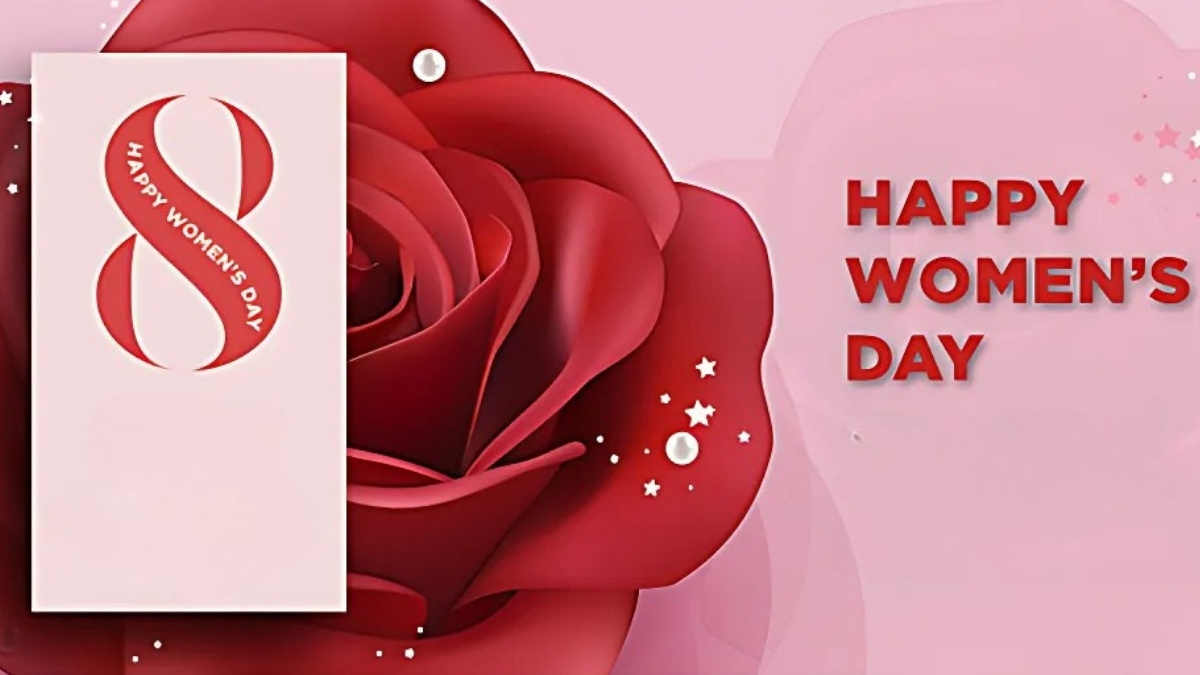 Hình nền Ngày Quốc tế Phụ nữ với hoa hồng đỏ, chữ "Happy Women's Day", độ phân giải 1080x1920, chất lượng HD.