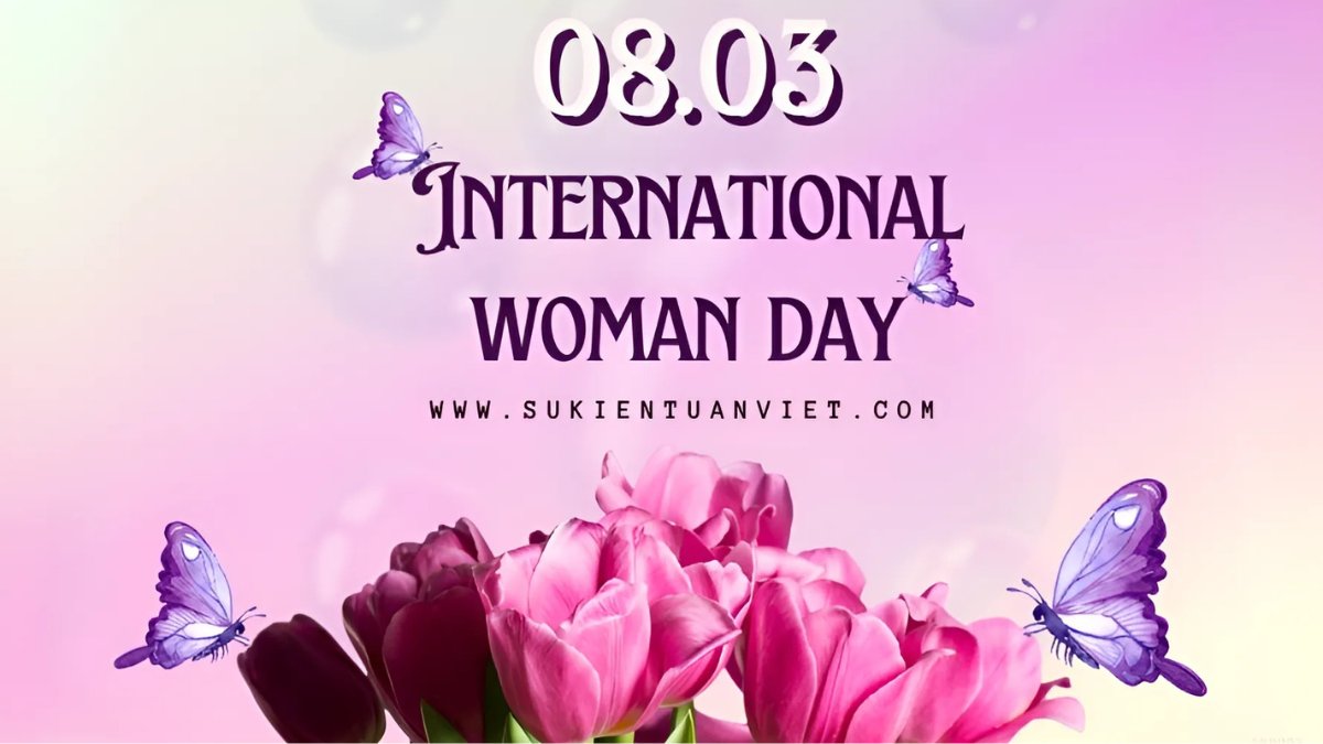 Hình nền Ngày Quốc tế Phụ nữ 08.03 với hoa tulip và bướm, màu sắc tươi sáng, độ phân giải 1080x1920 HD.