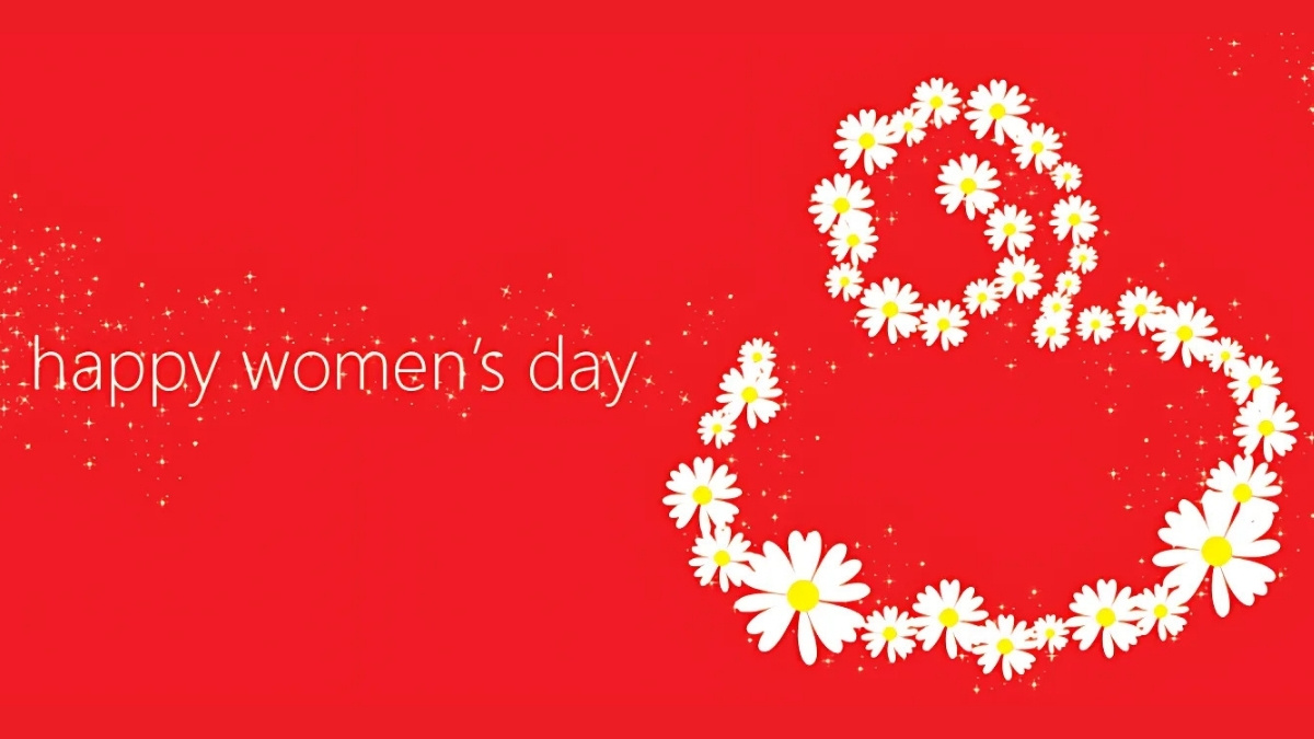 Nền đỏ với hoa cúc trắng, chữ "Happy Women's Day", độ phân giải 1080x1920, hình ảnh HD, chủ đề tôn vinh phụ nữ.