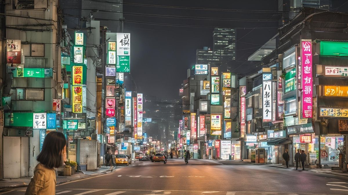 Ảnh đường phố Tokyo về đêm với ánh đèn neon rực rỡ, độ phân giải 1080x1920, chất lượng HD.