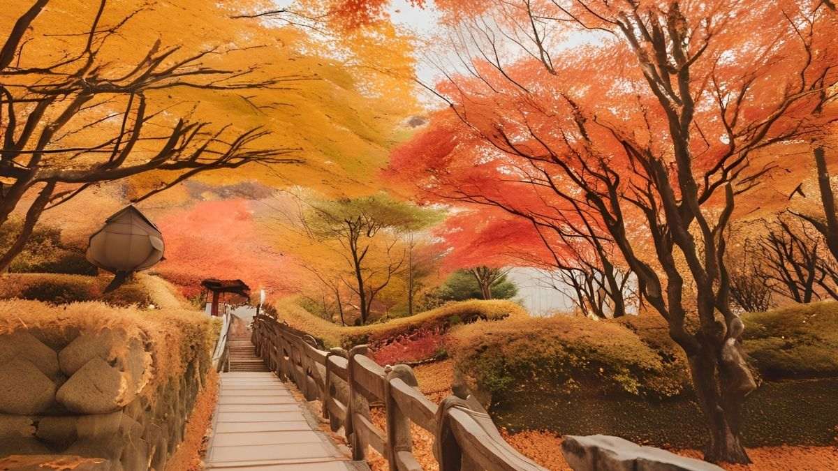 Khung cảnh mùa thu rực rỡ với lá phong đỏ và vàng, đường mòn uốn lượn. Hình nền 1080x1920 HD đầy sức sống.