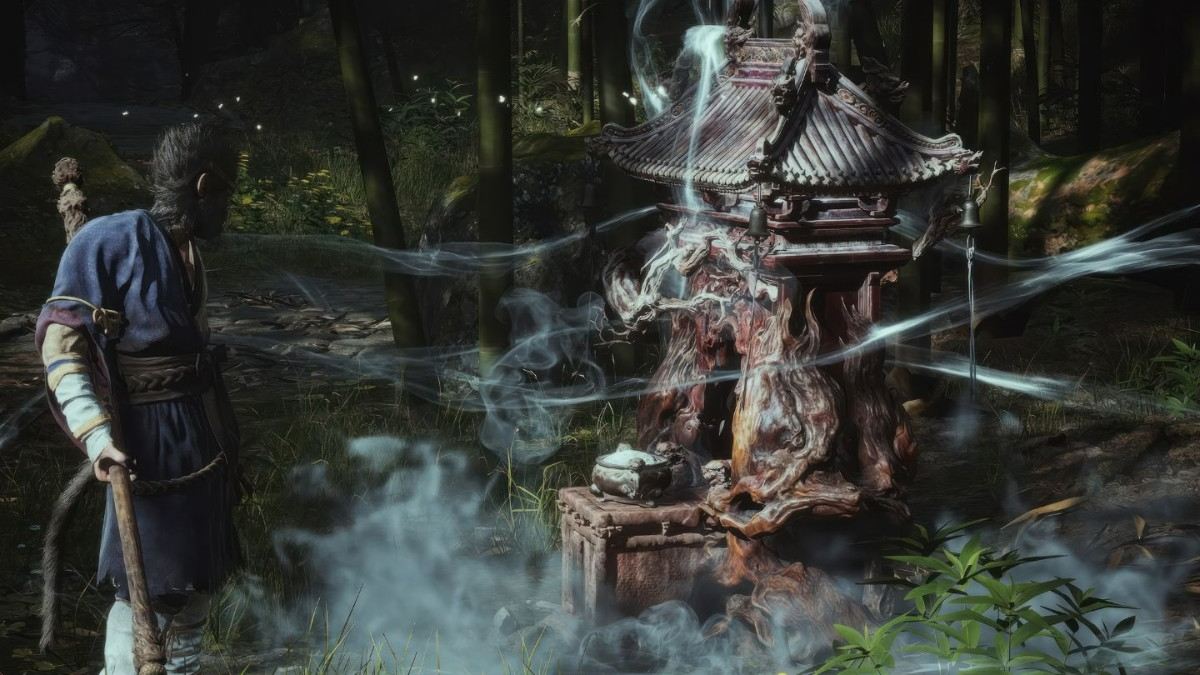 Hình nền samurai và miếu cổ trong rừng, chất lượng HD, 1080x1920, khung cảnh kỳ bí và hấp dẫn.