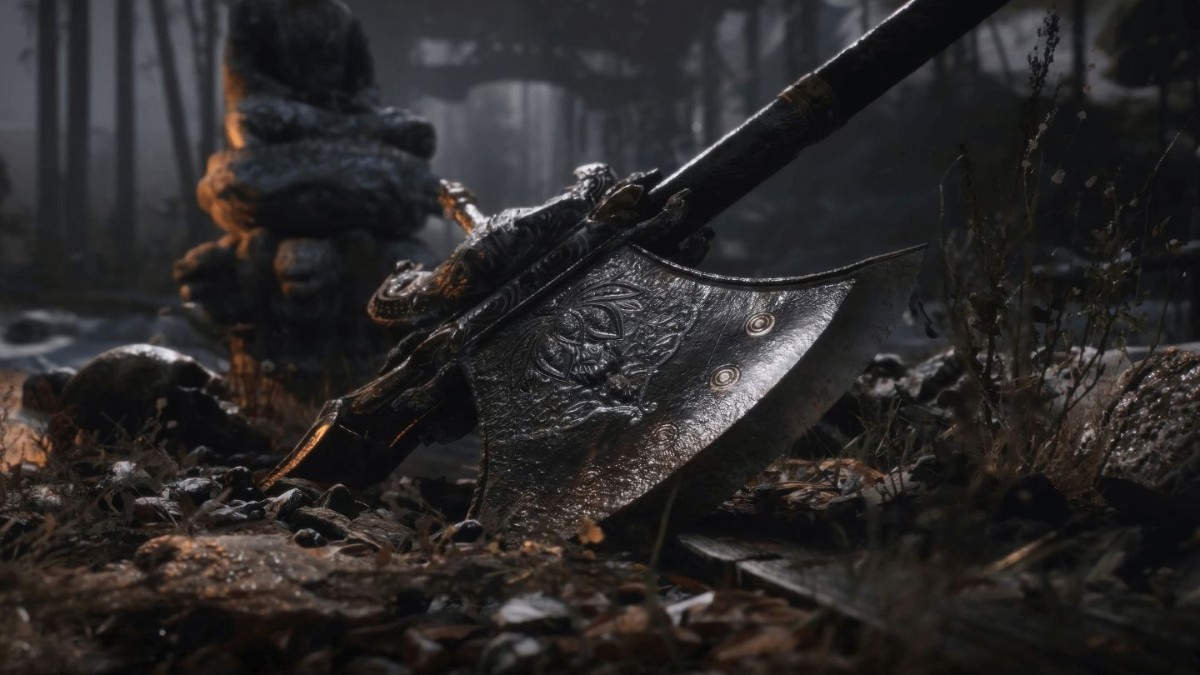 Rìu cổ trên nền rừng u ám, 1080x1920, chất lượng HD. Hình nền game huyền bí đầy mê hoặc.