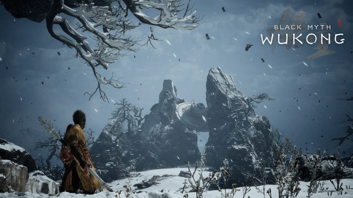 Hình nền game Black Myth Wukong, phong cảnh mùa đông hùng vĩ, 1080x1920 HD, cảnh tuyết rơi và núi đá tuyệt đẹp.