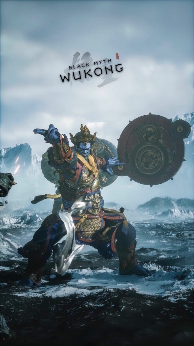 Hình nền game Black Myth Wukong 1080x1920, chất lượng HD, nhân vật huyền thoại trong khung cảnh núi tuyết ấn tượng.