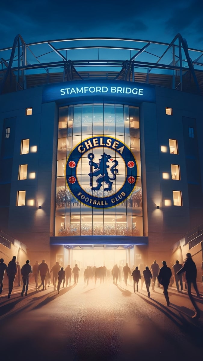 Hình nền sân vận động Stamford Bridge lúc hoàng hôn, 1080x1920, chất lượng HD, chủ đề bóng đá lôi cuốn.
