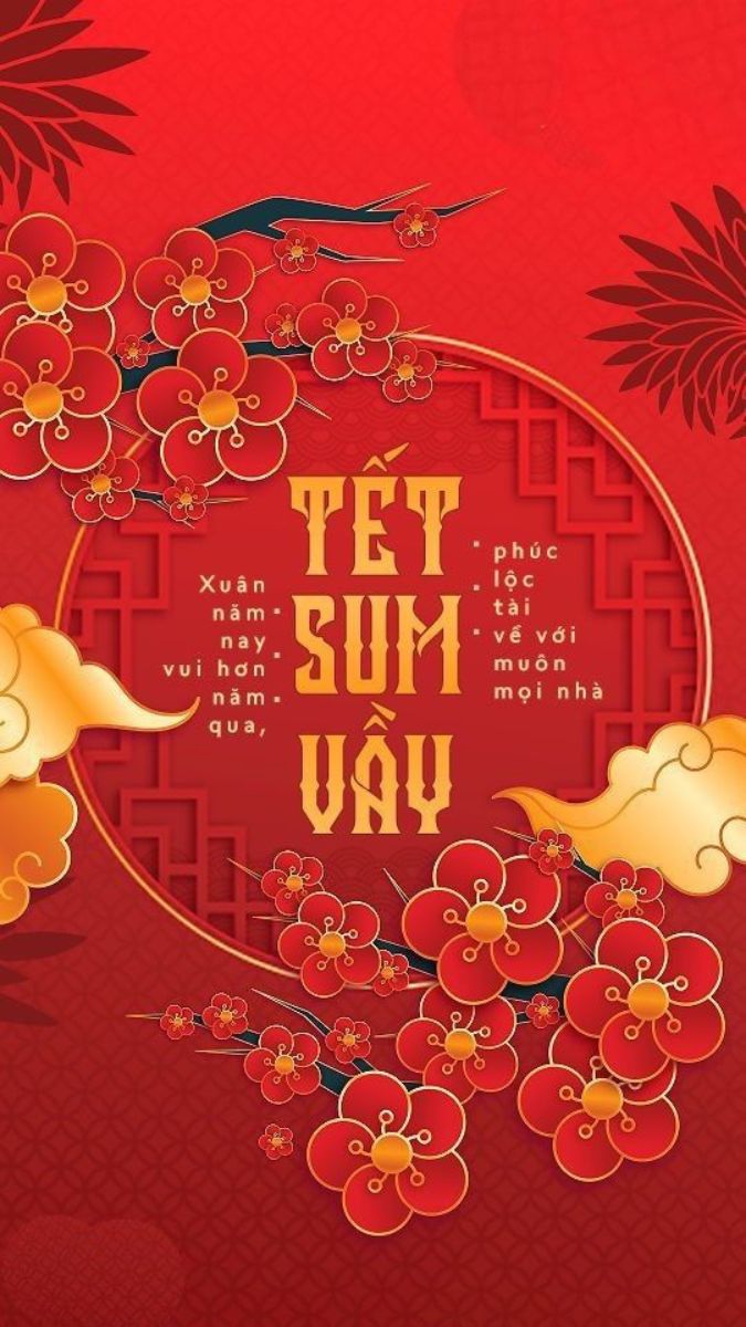 Hình nền Tết sum vầy với hoa mai đỏ rực rỡ, độ phân giải 1080x1920, chất lượng HD, chủ đề Tết Nguyên Đán.