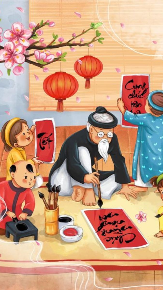 Tranh Tết truyền thống với người viết thư pháp, hoa đào và đèn lồng đỏ, độ phân giải 1080x1920, chất lượng HD.