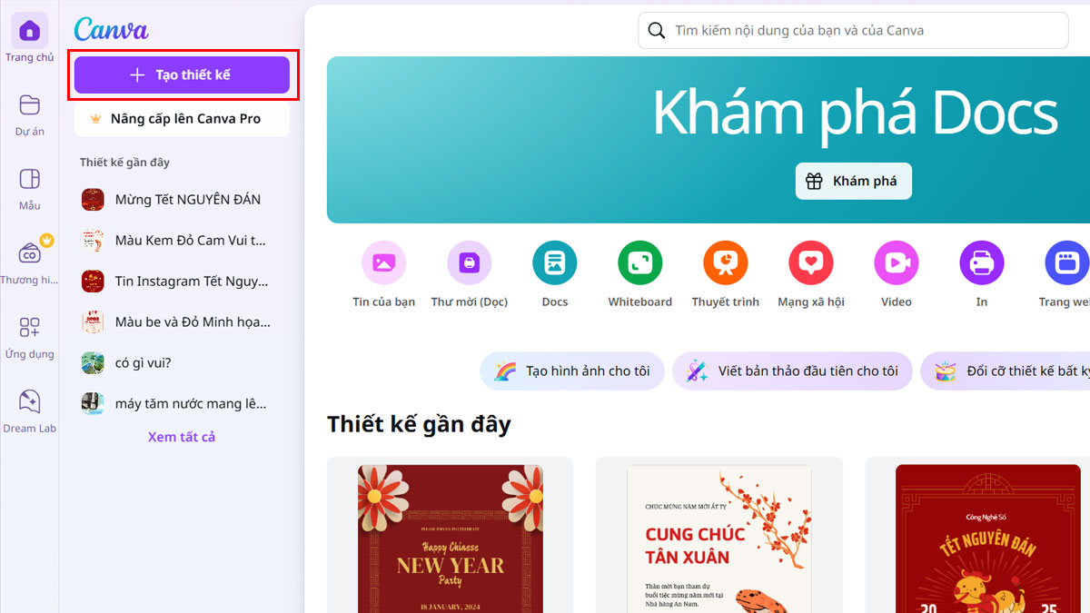 Giao diện Canva với các tùy chọn thiết kế, độ phân giải 1080x1920, chất lượng HD, khám phá sáng tạo trực tuyến.