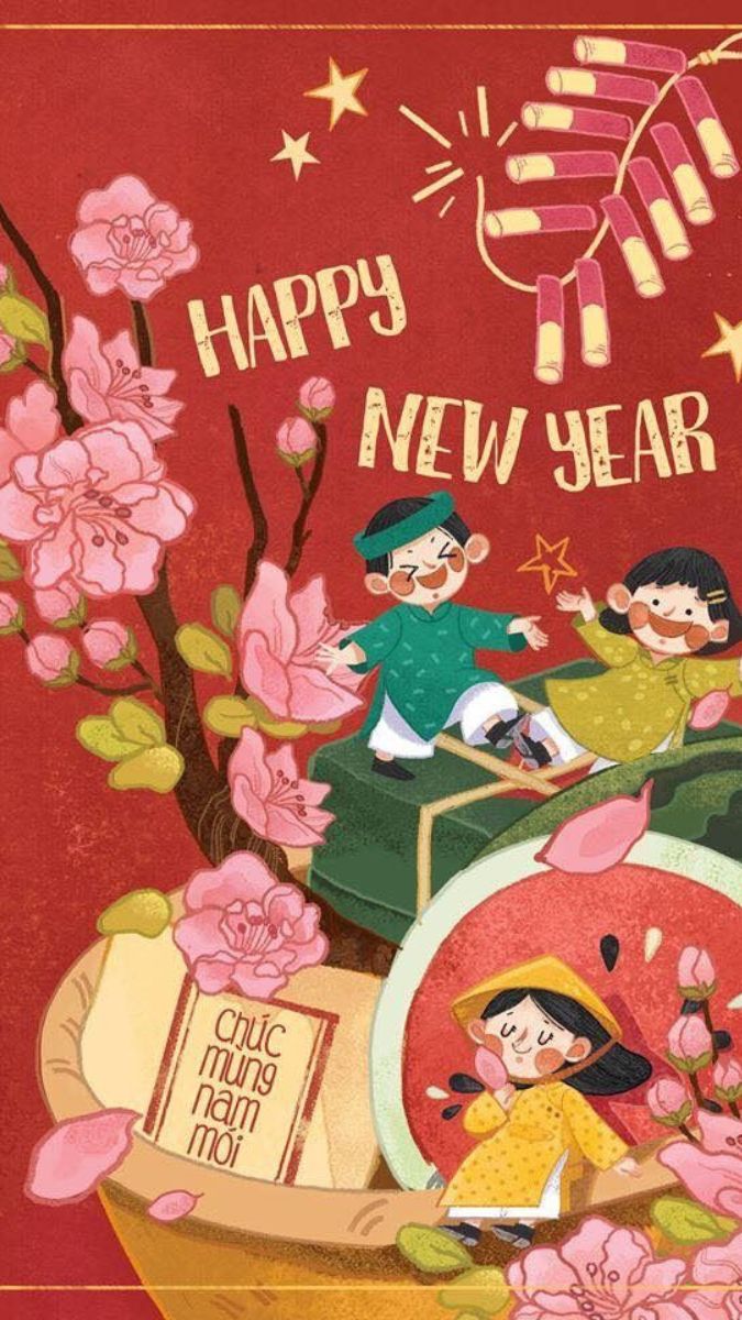 Hình nền Tết Nguyên Đán với hoa đào và trò chơi dân gian, độ phân giải 1080x1920, chất lượng HD.