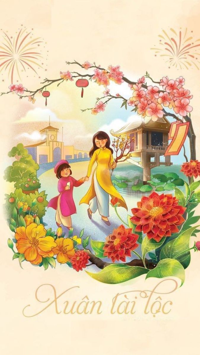 Hình nền xuân tươi sáng với hoa đào, áo dài truyền thống, độ phân giải 1080x1920, chất lượng HD, đón Tết Việt.