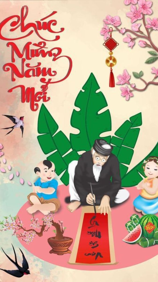 Hình nền Tết truyền thống với thư pháp, hoa đào, độ phân giải 1080x1920, chất lượng HD, chào năm mới rực rỡ.