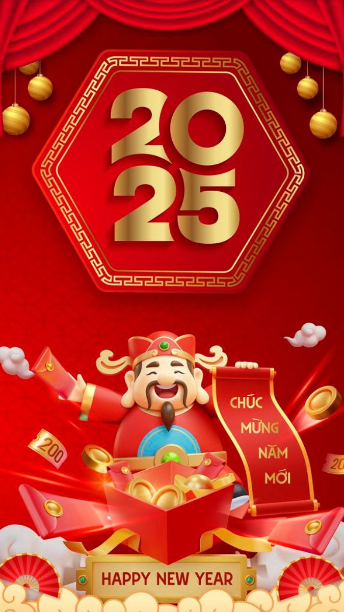 Hình nền Tết 2025 rực rỡ với linh vật, sắc đỏ vàng, câu chúc "Chúc Mừng Năm Mới", độ phân giải HD 1200x675.