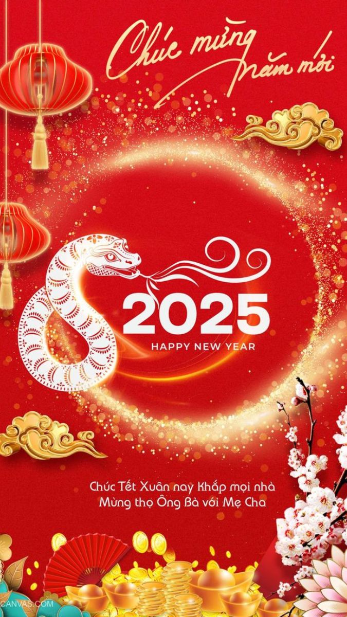 Hình nền Tết Nguyên Đán 2025, rắn và hoa đào, màu đỏ rực rỡ, độ phân giải 1080x1920, chất lượng HD.