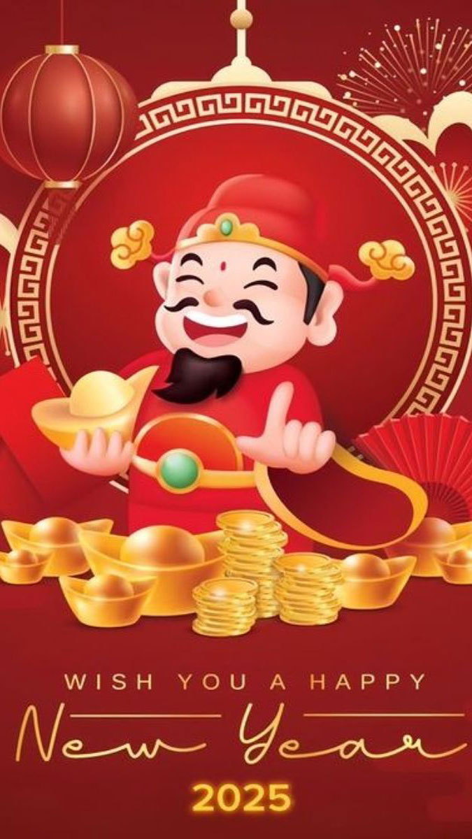 Hình nền Tết Nguyên Đán 2025 với thần tài và pháo hoa, 1080x1920, chất lượng HD, mang lại may mắn và thịnh vượng.