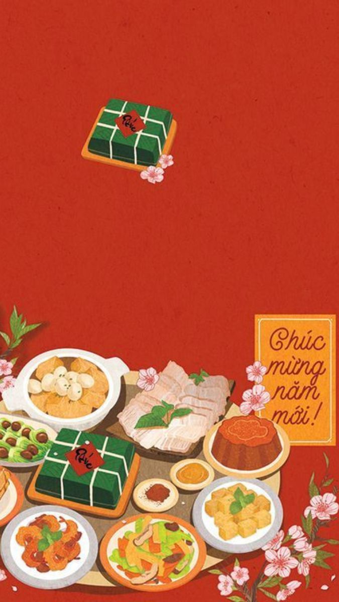 Hình nền Tết Nguyên Đán với bánh chưng, mâm cỗ truyền thống trên nền đỏ, độ phân giải 1080x1920, chất lượng HD.