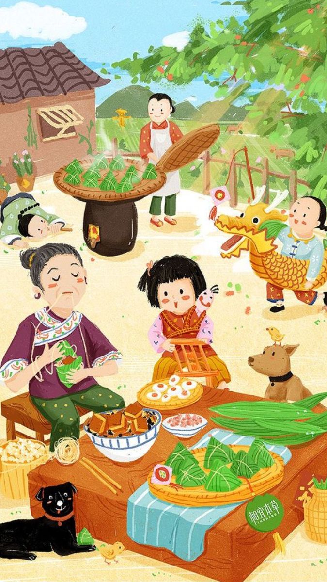 Tranh vẽ tết Đoan Ngọ truyền thống, gia đình gói bánh, phong cảnh làng quê, độ phân giải 1080x1920, chất lượng HD.