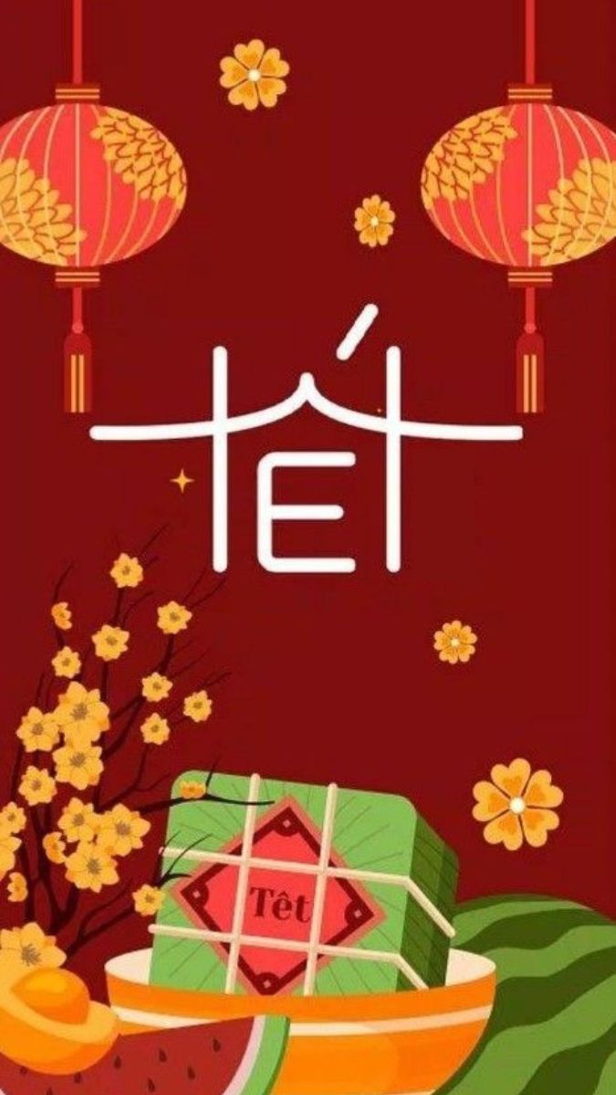 Hình nền Tết Việt Nam với hoa đào, bánh chưng, đèn lồng đỏ, độ phân giải 1080x1920, chất lượng HD.