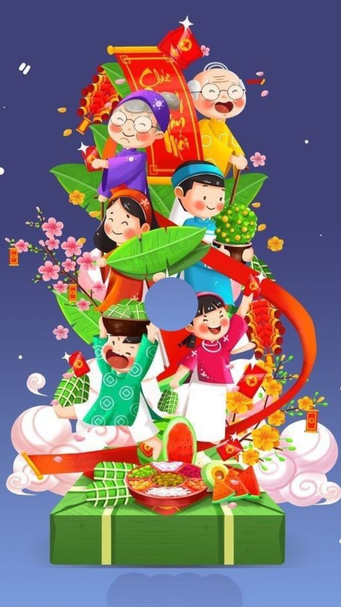 Hình nền Tết Nguyên Đán vui nhộn với gia đình và bánh chưng, độ phân giải 1080x1920, chất lượng HD.