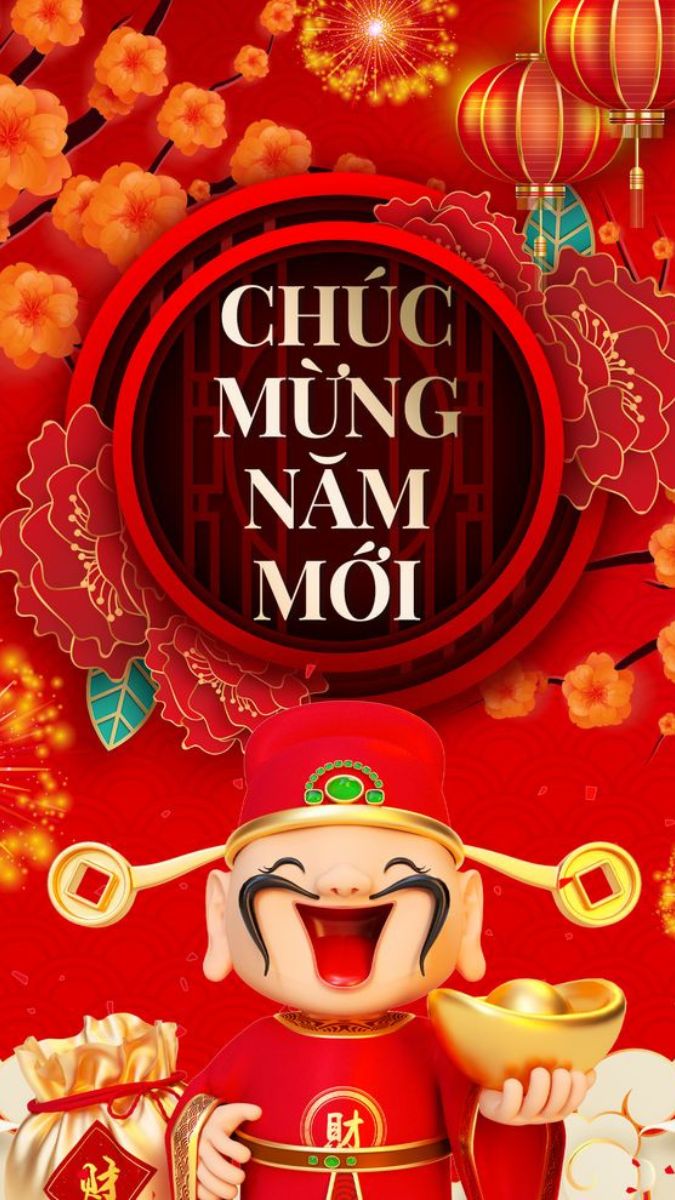 Hình nền Tết Nguyên Đán rực rỡ với hoa mai, đèn lồng đỏ, chúc mừng năm mới, độ phân giải 1080x1920, chất lượng HD.
