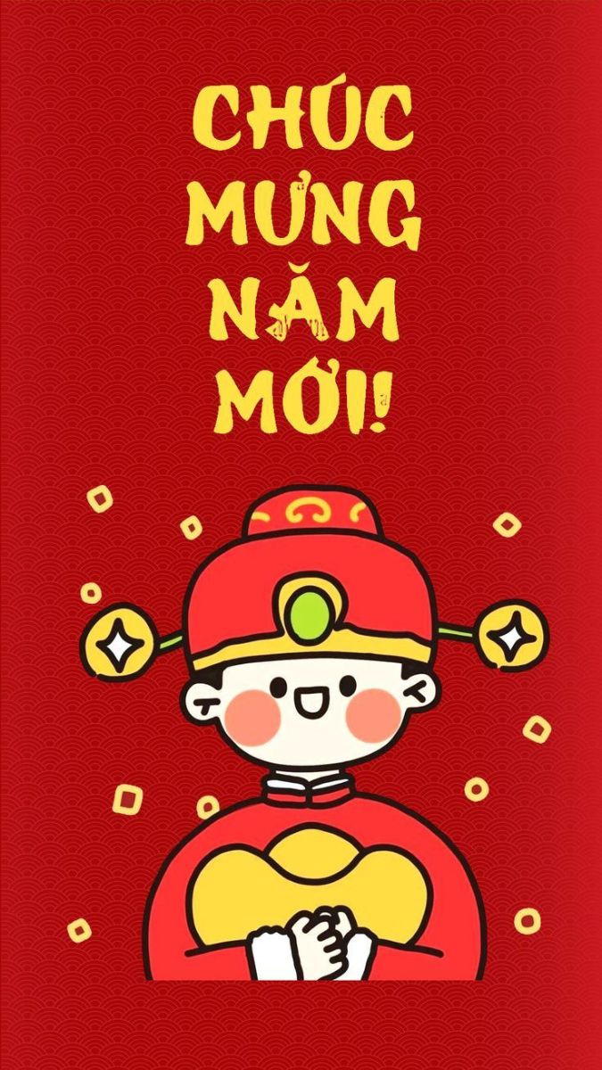 Hình nền Tết đỏ với dòng chữ "Chúc Mừng Năm Mới" và nhân vật hoạt hình, độ phân giải 1080x1920, chất lượng HD.