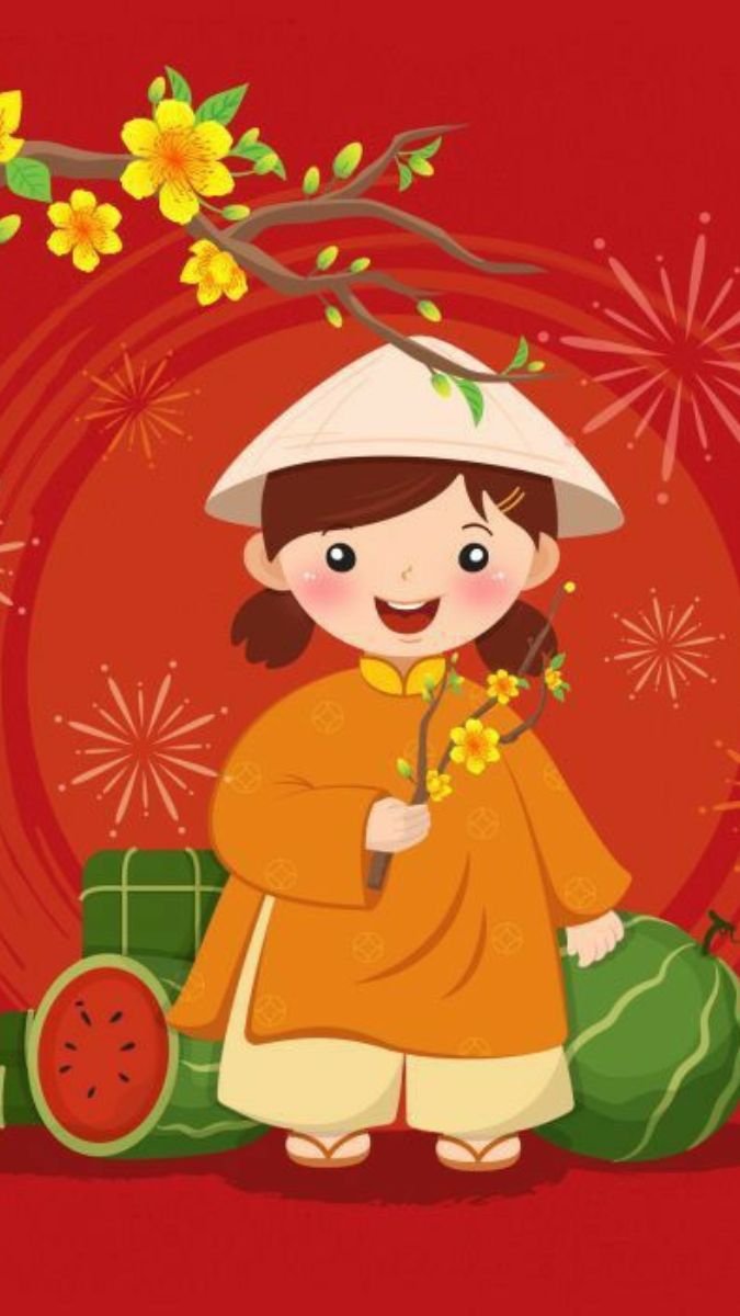 Hình nền Tết truyền thống Việt Nam, bé gái và hoa mai, độ phân giải 1080x1920, chất lượng HD, sắc đỏ nổi bật.