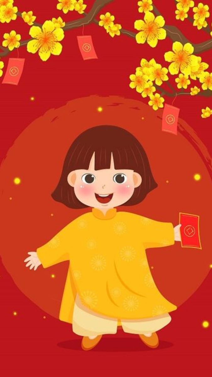 Hình nền Tết với hoa mai vàng nở rộ, bé gái áo dài cầm bao lì xì trên nền đỏ, chất lượng HD, 1080x1920.