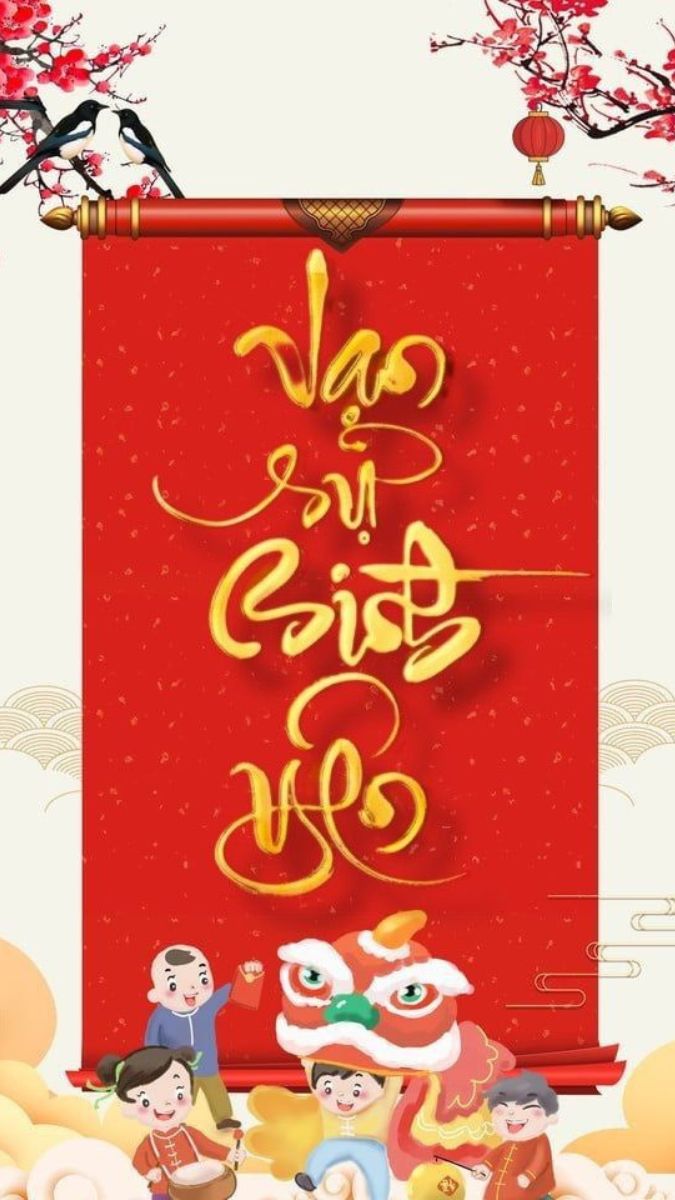 Hình nền Tết với lân và câu đối đỏ, hoa đào; độ phân giải 1080x1920, chất lượng HD, chủ đề lễ hội mùa xuân.