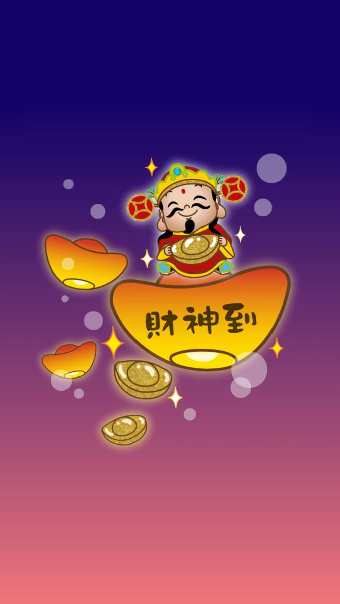 Hình nền thần tài may mắn, vàng mã, 1080x1920, HD, phong cách hoạt hình, nền gradient quyến rũ.