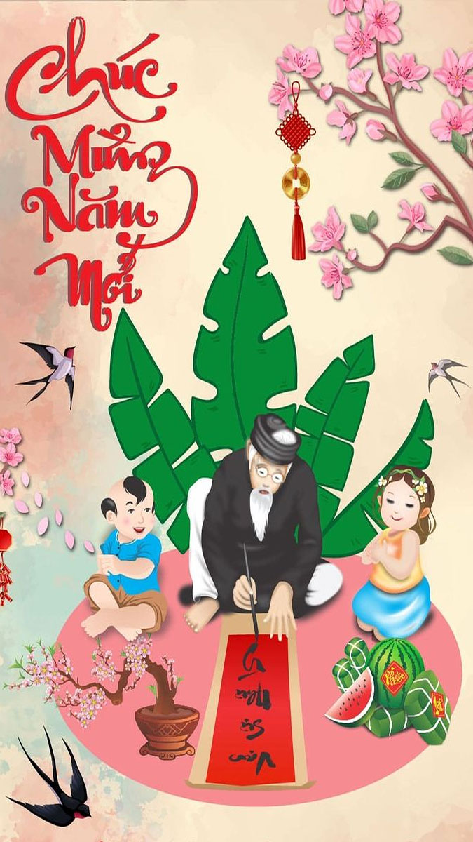 Hình nền Tết Nguyên Đán truyền thống, hoa đào, thư pháp, chất lượng HD, 1080x1920, sắc màu rực rỡ, không khí xuân.