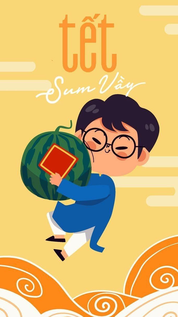 Hình nền Tết sum vầy với thiếu niên ôm dưa hấu, 1080x1920, HD. Chủ đề Tết Việt Nam, thiết kế sống động.