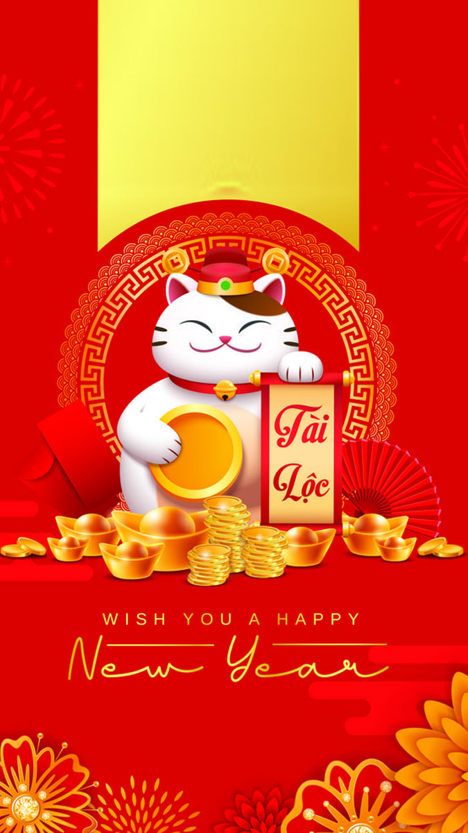 Hình nền Tết Nguyên Đán với mèo may mắn, vàng và hoa, độ phân giải 1080x1920, chất lượng HD, mang lại tài lộc.