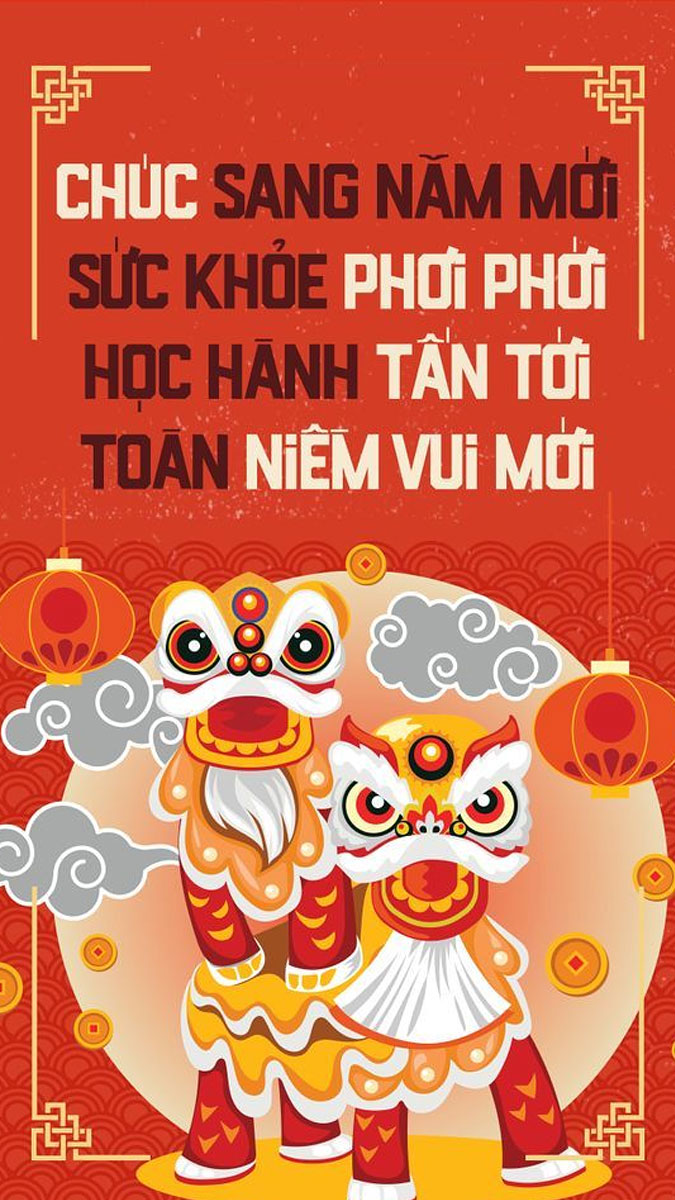 Hình nền Tết Nguyên Đán với lân sư rồng và đèn lồng, chúc mừng năm mới, 1080x1920 HD.