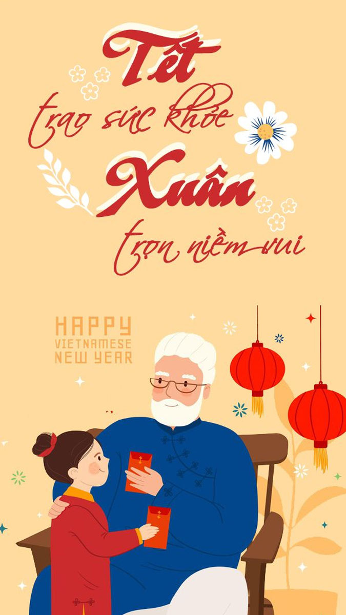 Hình nền Tết đoàn viên với ông cháu trao lì xì, đèn lồng đỏ, chất lượng HD, kích thước 1080x1920.