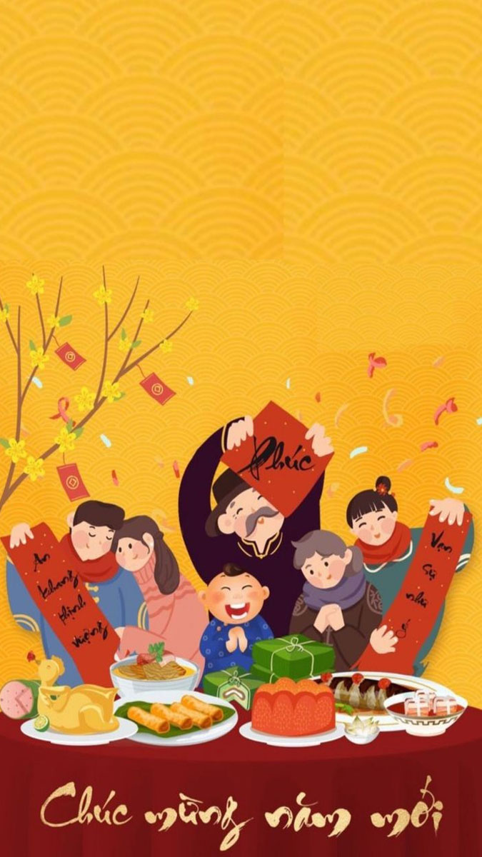 Hình nền Tết Nguyên Đán với gia đình vui vẻ, bánh chưng và hoa đào, màu sắc rực rỡ. Độ phân giải 1080x1920, HD.