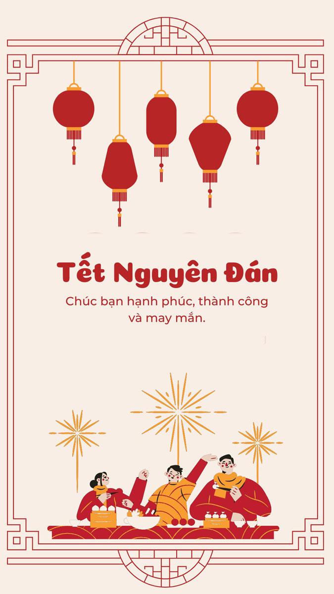 Hình nền Tết Nguyên Đán 1080x1920 HD, trang trí đèn lồng đỏ và gia đình sum họp, chúc mừng năm mới hạnh phúc.