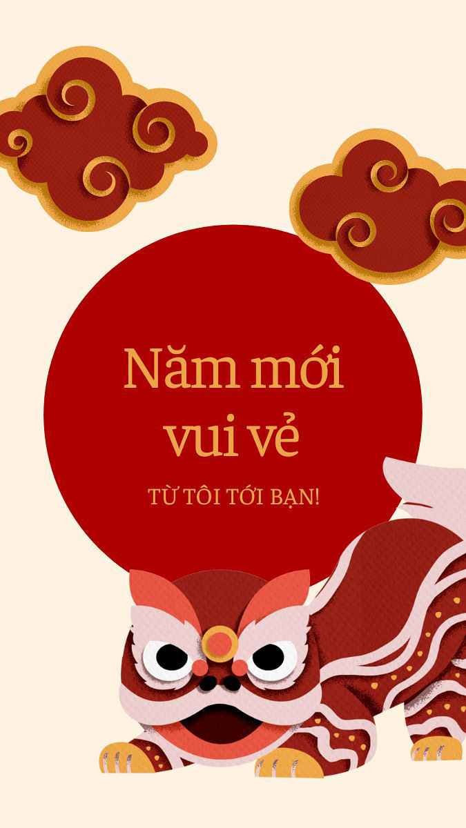 Hình nền Tết Nguyên Đán với lân đỏ và mây vàng, chúc mừng năm mới, độ phân giải 1080x1920, chất lượng HD.