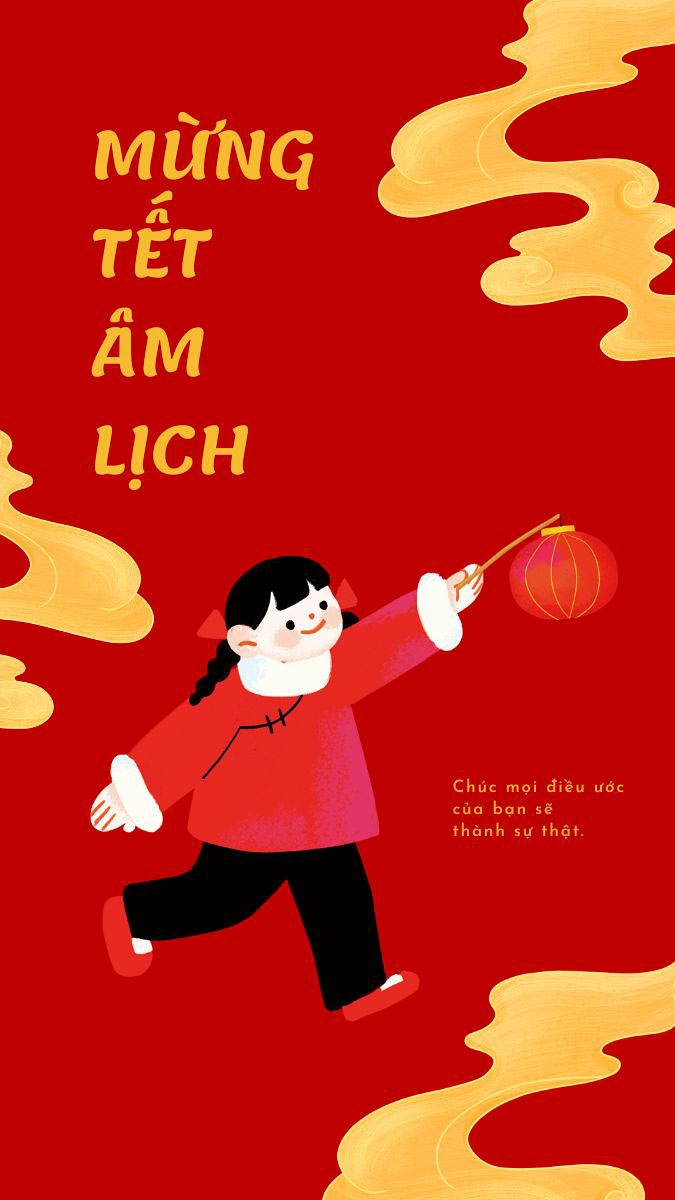 Hình nền Tết Âm Lịch với cô bé cầm đèn lồng, nền đỏ vàng, độ phân giải 1080x1920, chất lượng HD.