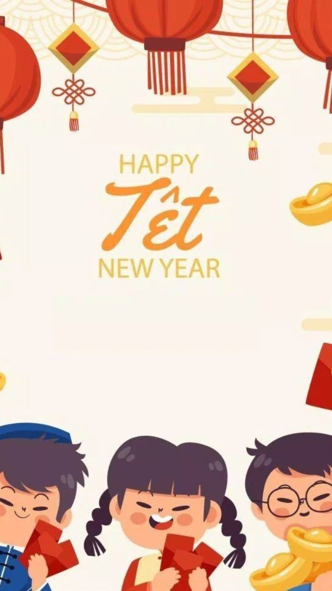 Hình nền Tết Nguyên Đán, trẻ em vui tươi với bao lì xì, đèn lồng đỏ, chất lượng HD, độ phân giải 1080x1920.