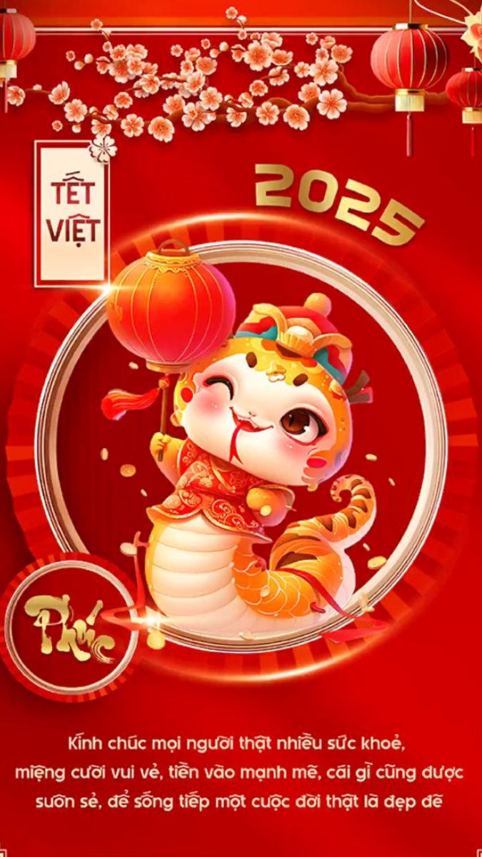 Hình nền Tết Việt 2025 với linh vật dễ thương, đèn lồng và hoa đào, độ phân giải 1080x1920, chất lượng HD.