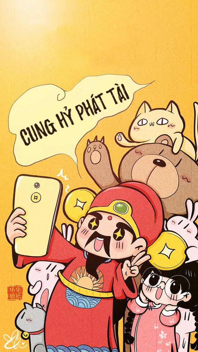Hình nền hoạt hình dễ thương với phụ kiện truyền thống, câu chúc "Cung Hỷ Phát Tài", độ phân giải 1080x1920 HD.